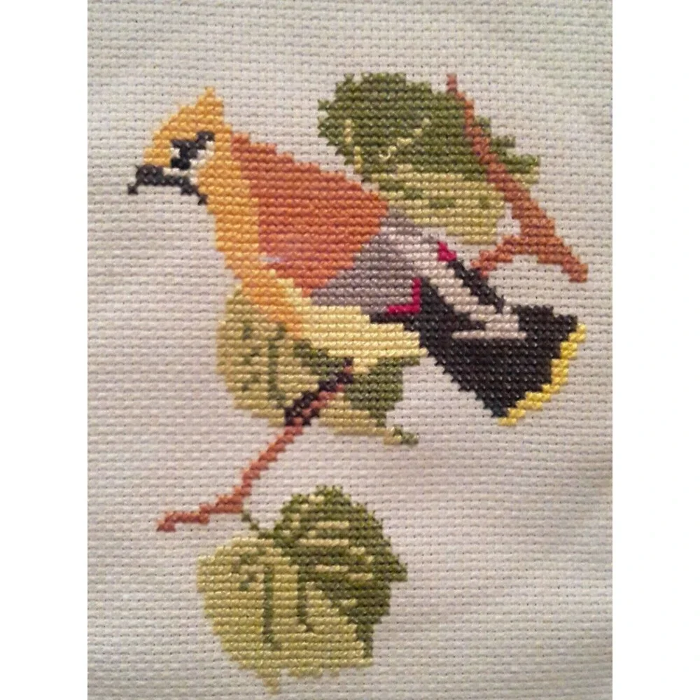 Lovely framed Cross Stitch Bird, 12.5 x 11 solid frame